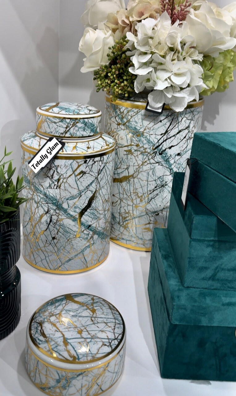 Lolita Ceramic Green, Gold White Marble Jar With Lid 12'' 16''